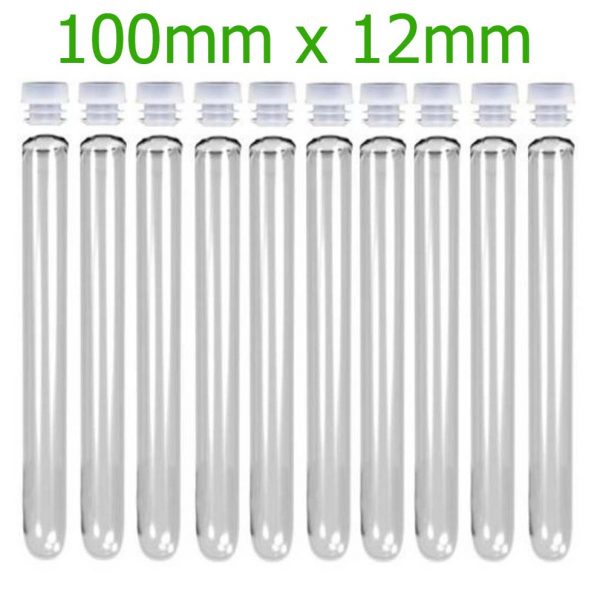Plastic Test Tubes 100mm x 12mm with stoppers - Laboratory Use - Amounts Between 10 and 500