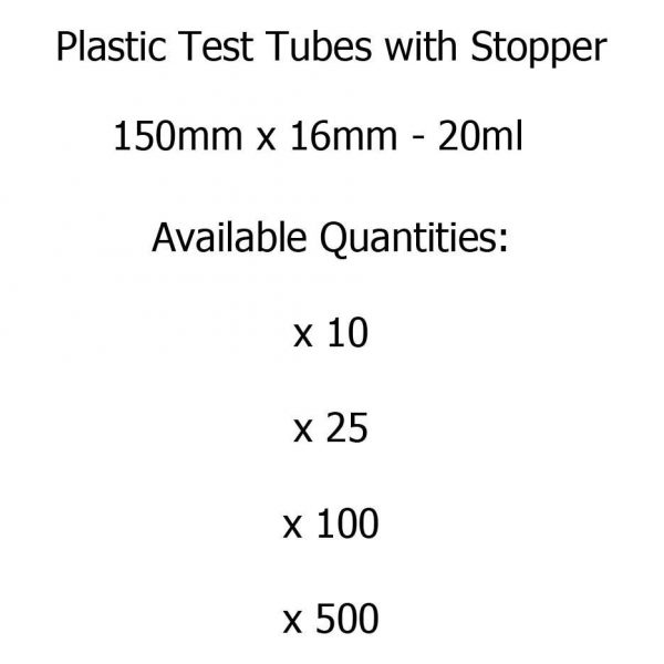 Plastic Test Tubes 150mm x 16mm with stoppers - 20ml Capacity - Amounts Between 10 and 500